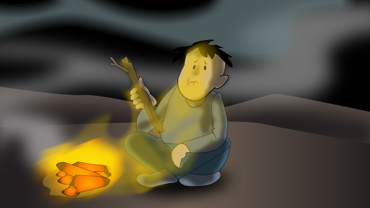 Person sitting by a campfire holding a stick, looking worried in a dark setting.