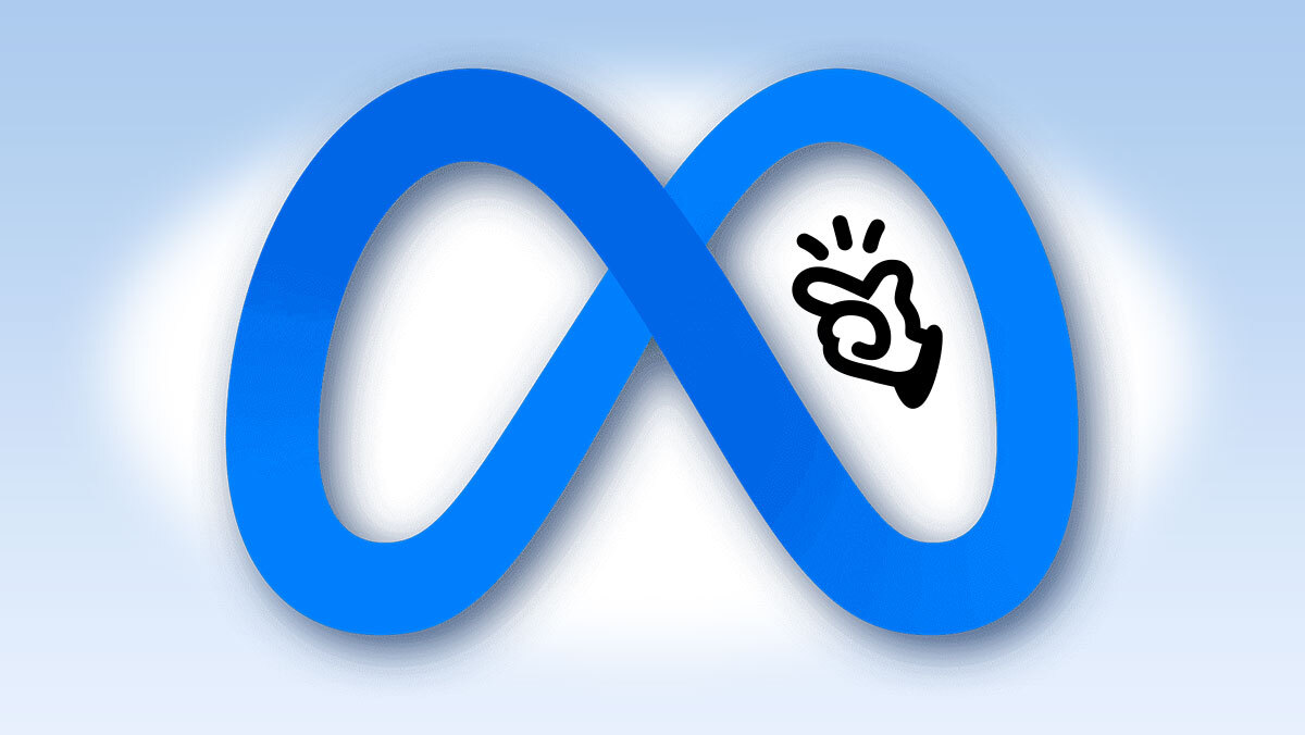 Meta's infinity loop logo adorned with a snapping hand icon on a light gradient background.