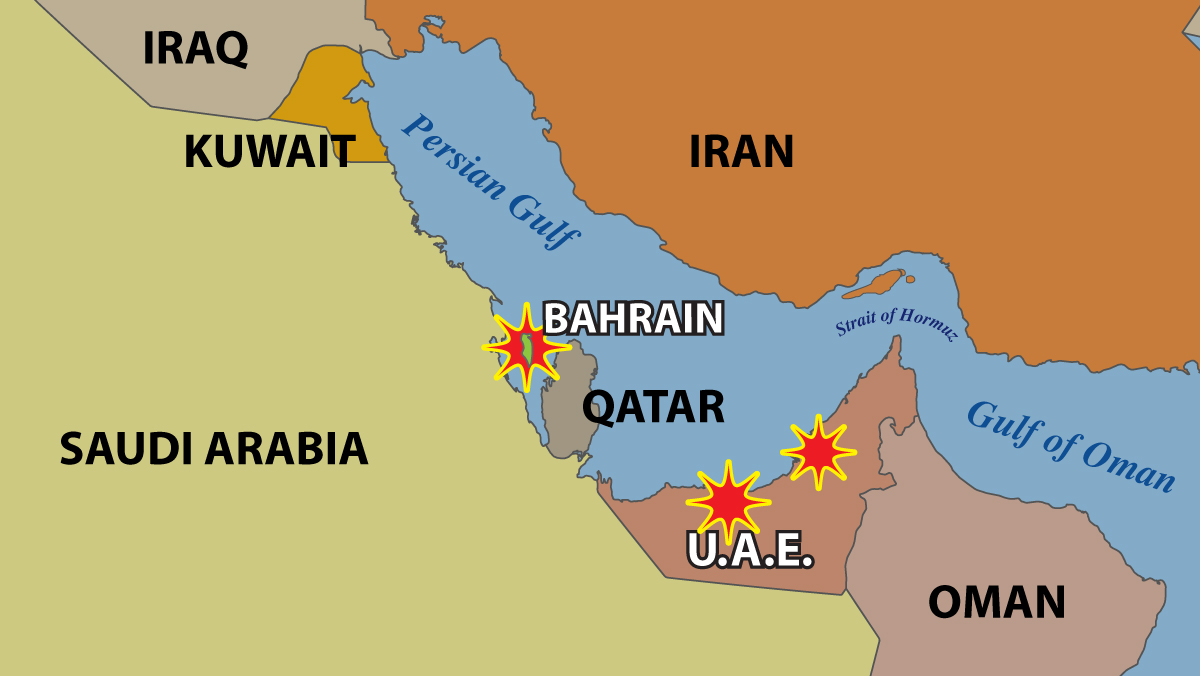 Explosions marked on a map indicate drone attacks on AWS data centers in Bahrain and the UAE.