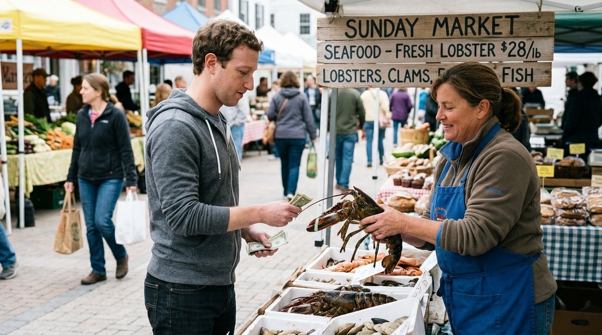 Man purchasing lobster from vendor at Sunday market seafood stall, surrounded by fresh produce and shoppers.