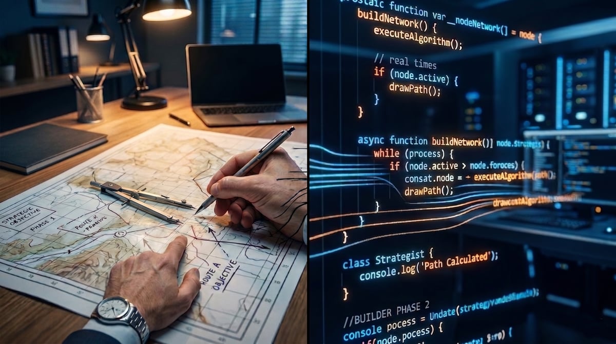 Workspace features map creation, coding; showing synergy between traditional planning and digital strategy.