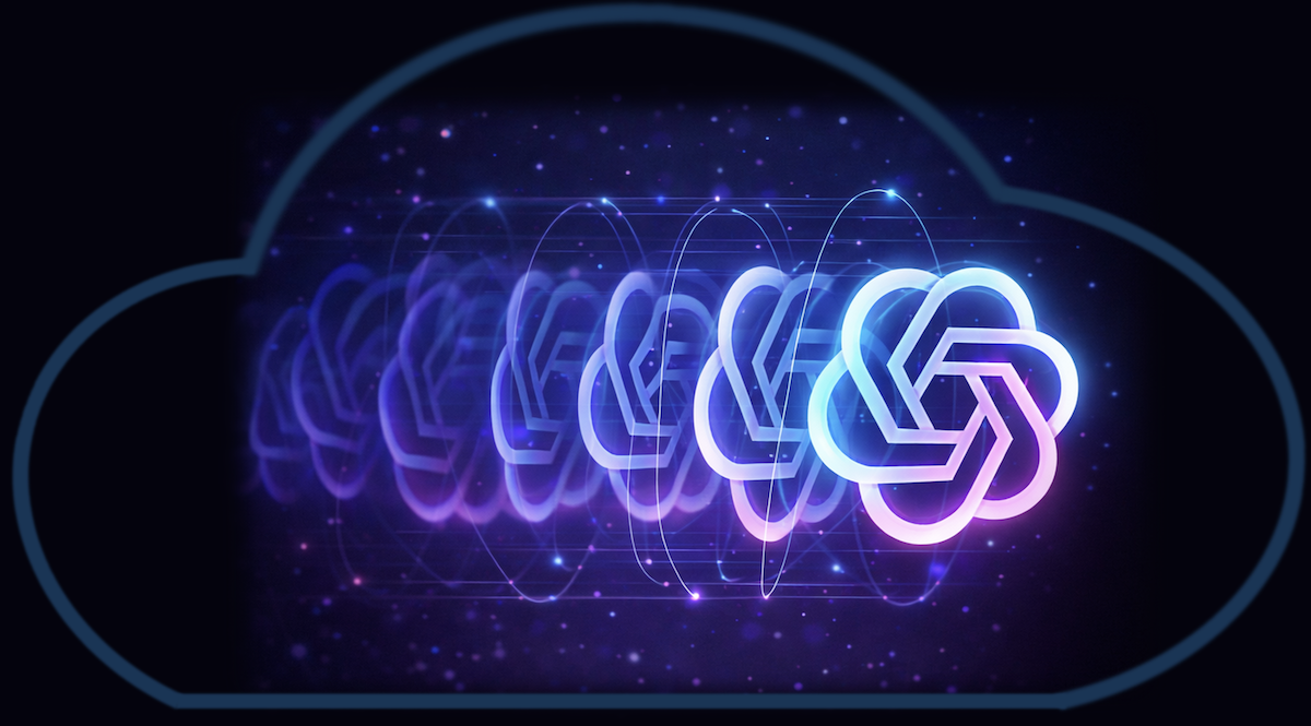 Repeated neon OpenAI logos on a dark, starry backdrop, enclosed by a light-blue cloud frame.