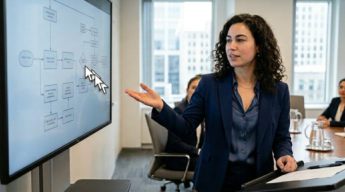 Woman in meeting room discusses flowchart details on large screen, engaging team with strategic insights.