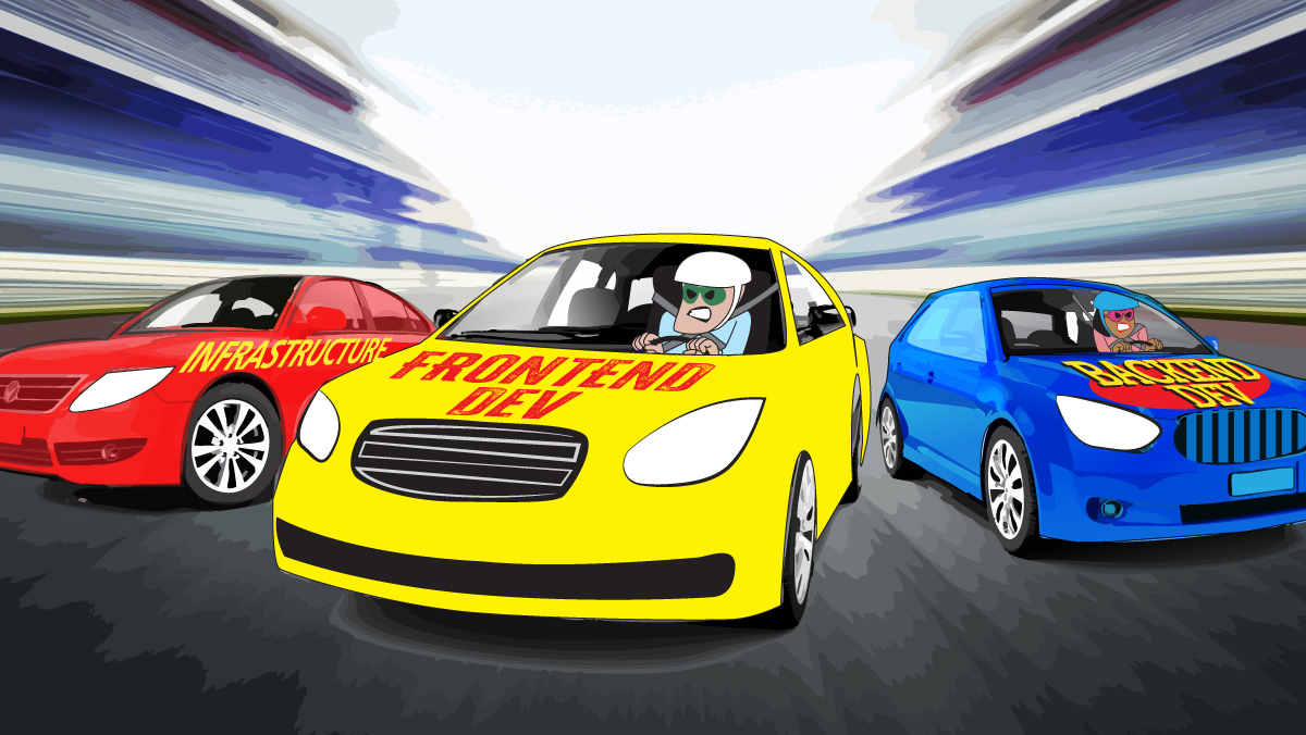 The illustration shows a racing dynamic with labeled cars, highlighting various software development stages.