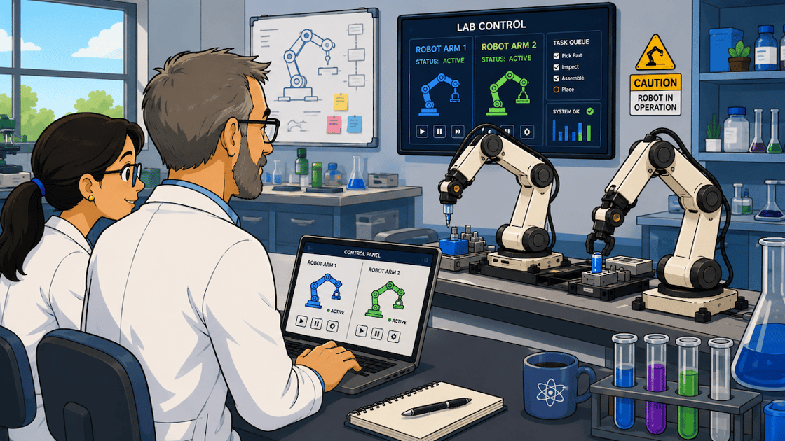 Modern lab with robotic arms and control systems for automation study. Scientists analyze progress and efficiency.