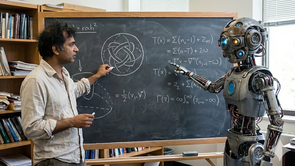 A professor and robot discuss complex equations on chalkboard in a university classroom.