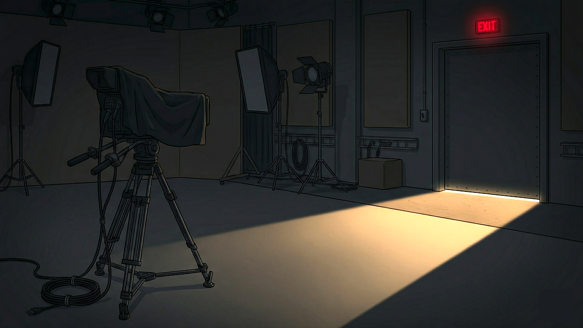 A dimly lit studio with an idle camera and an illuminated exit door signaling OpenAI's retreat from video.