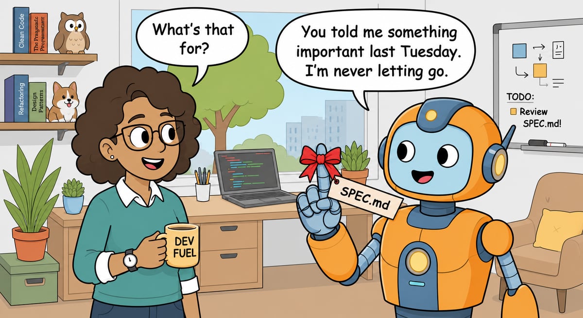 A robot wears a bow around its finger with SPEC.md attached to it. The developer asks "What's that for?" The robot says "You told me something important last Tuesday. I'm never letting go."
