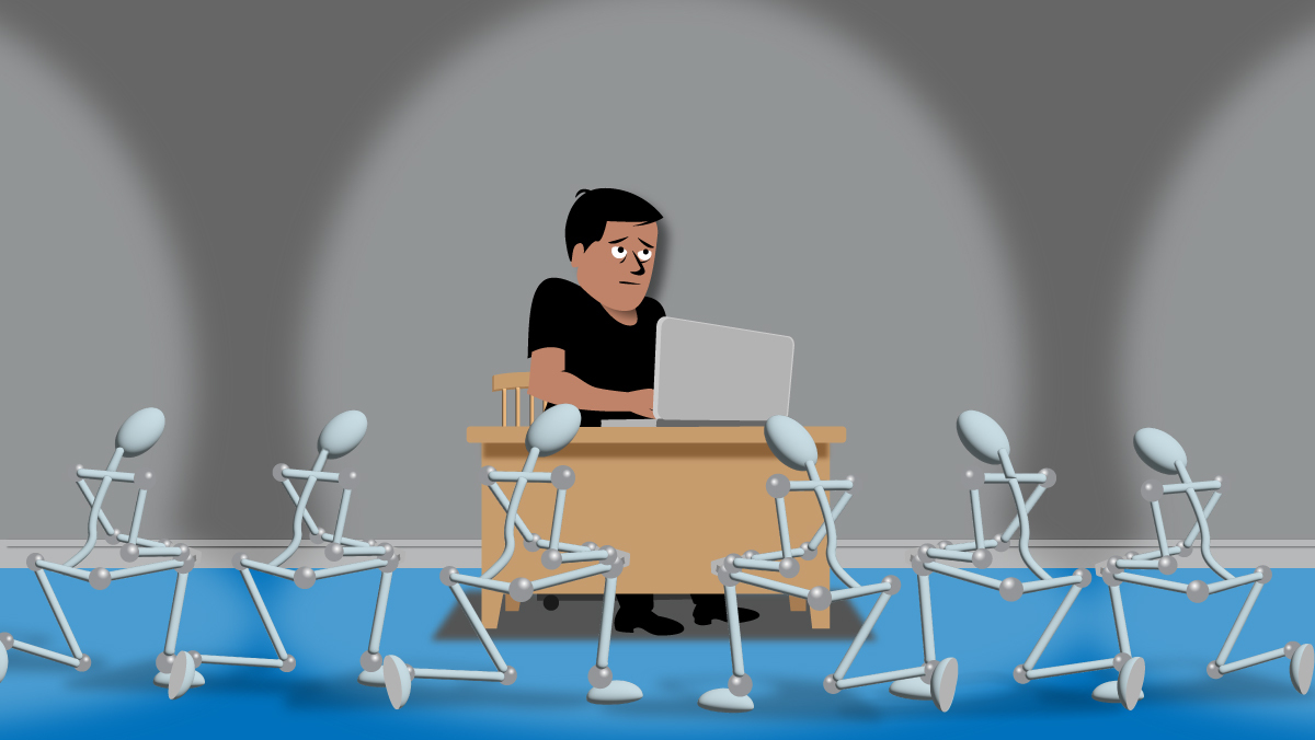 Man at desk surrounded by robots in dark room, highlighting isolation in AI-driven workplace.