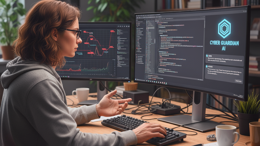 A computer scientist at her desktop, using an AI agent program to find and fix security holes