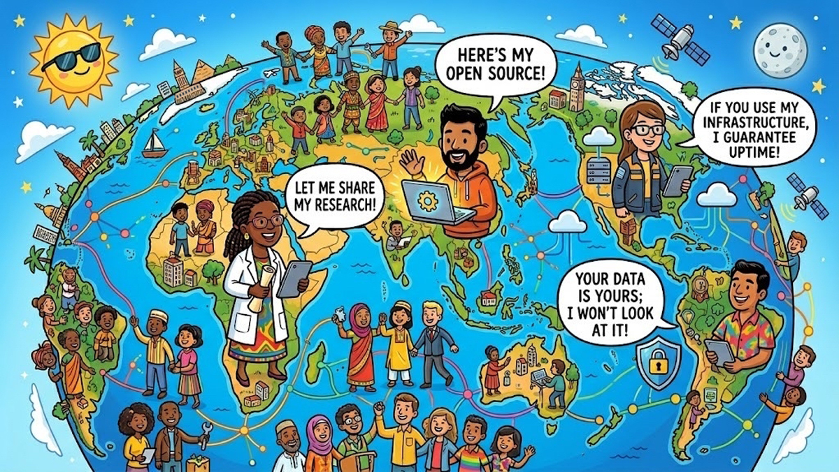 Cartoon map illustrating global collaboration in research, open source technology, infrastructure, secure data sharing.