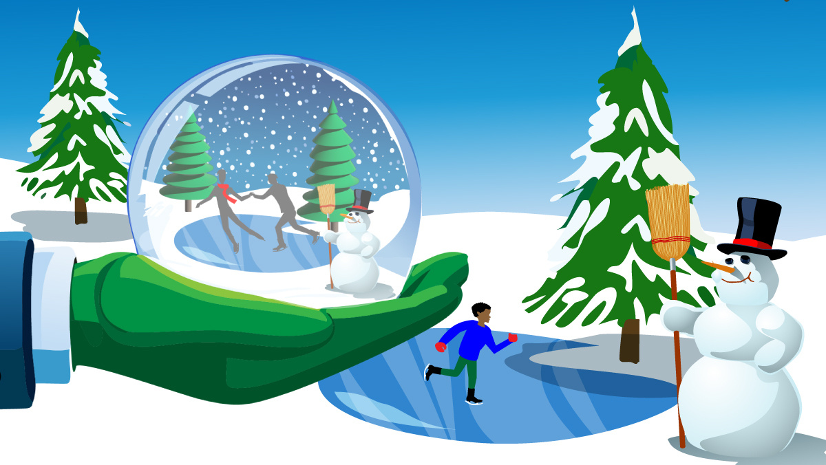 A hand holding a snow globe with skaters and a snowman.