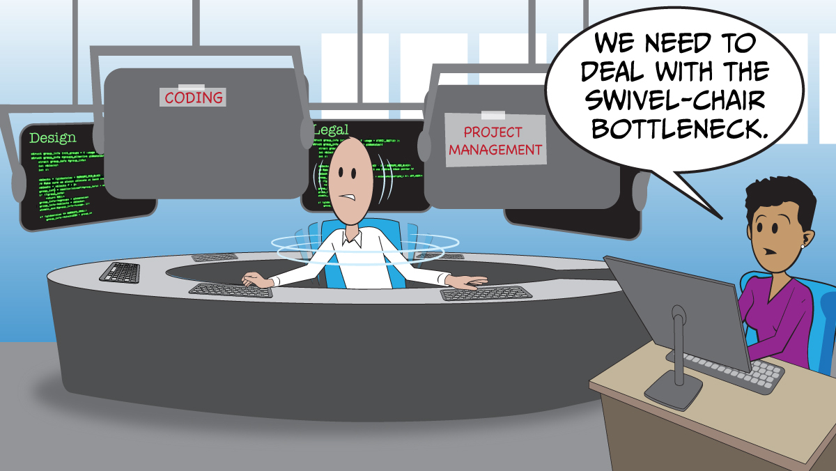 مهندس يدور بسرعة على كرسي دوار أثناء مناقشة اختناقات إدارة المشاريع مع زميل