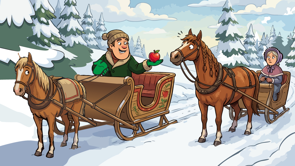 A man in a snowy scene offers an apple to a surprised horse hitched to a sleigh with a woman inside.
