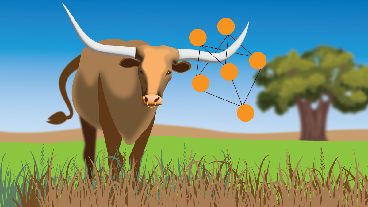 A bull in a grassy field with a neural network diagram integrated into its horns.