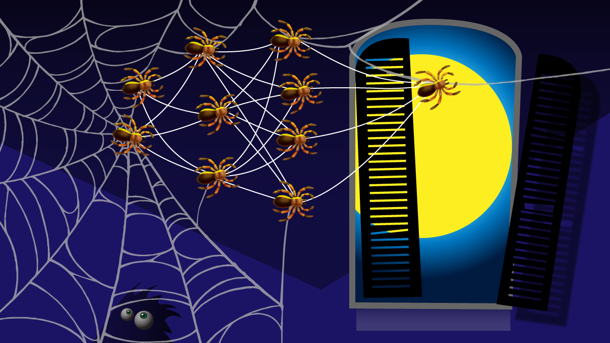 Spiders on a web stretch towards a moonlit window, creating a Halloween atmosphere linked to AI creativity.