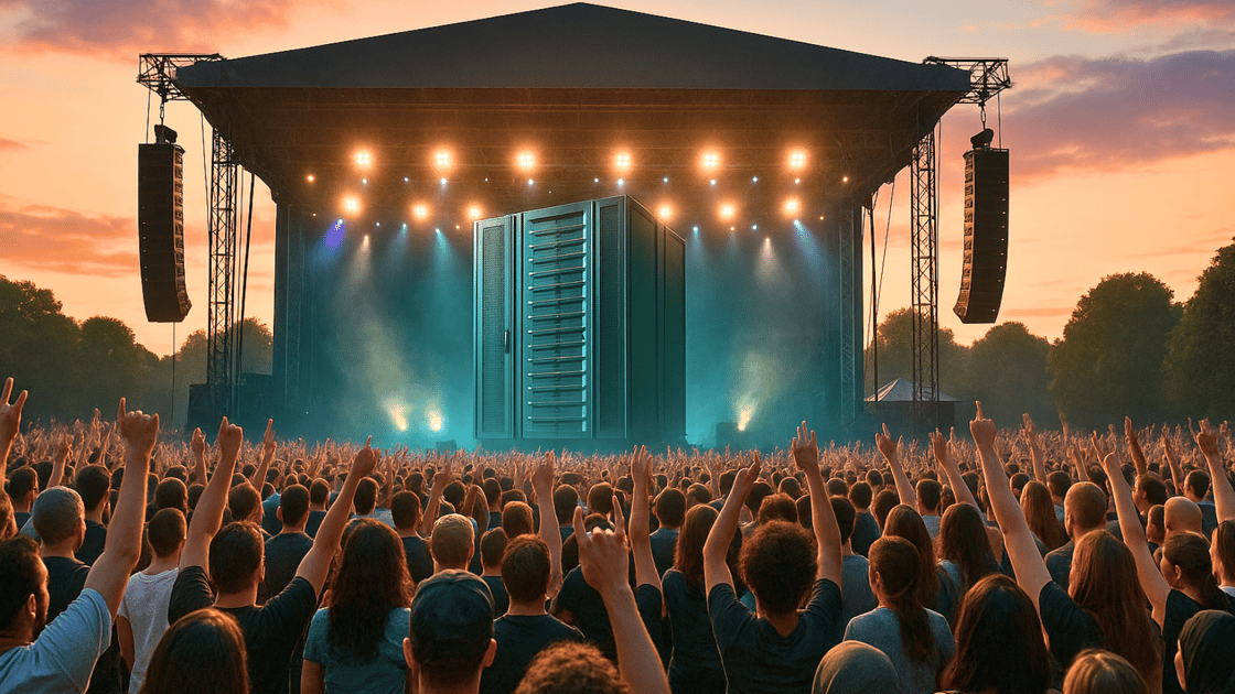 Crowd at sunset concert cheering for a giant server on stage, symbolizing AI or tech as a modern rockstar.