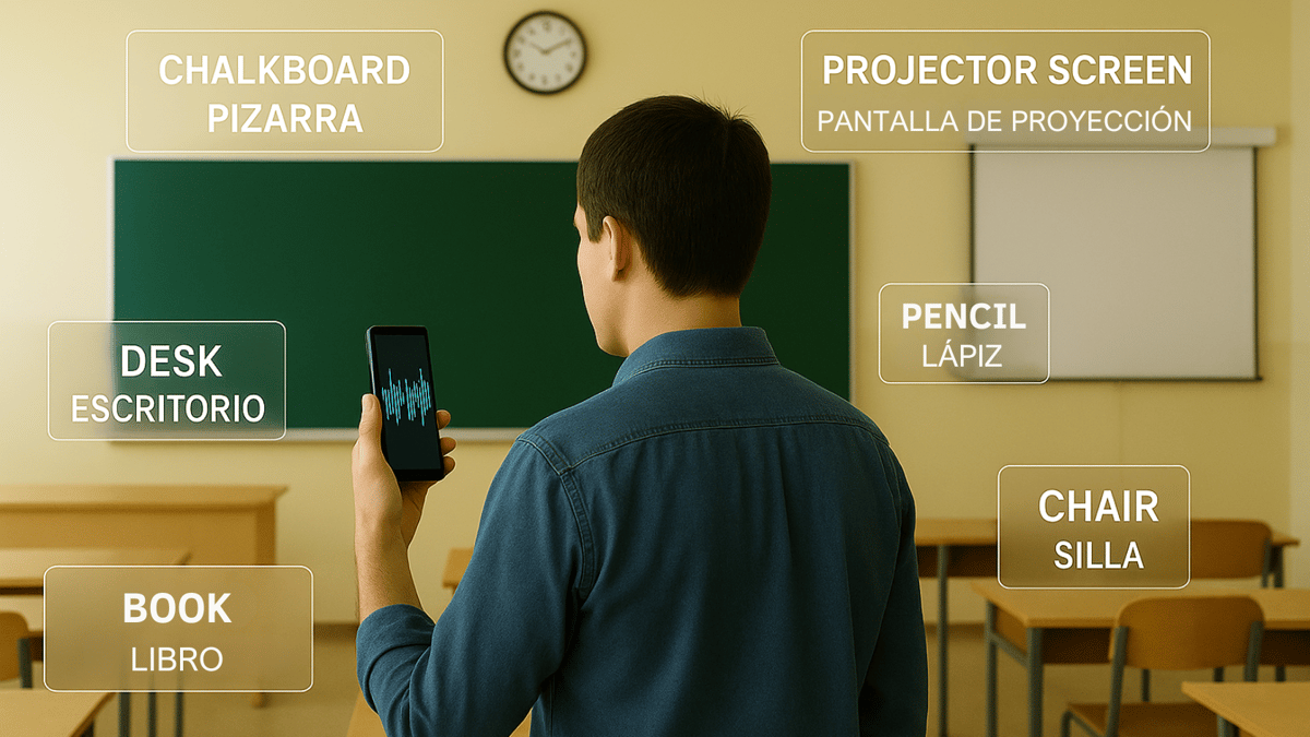 Student holding smartphone in classroom with labeled objects in English and Spanish like chalkboard, desk, and projector screen.