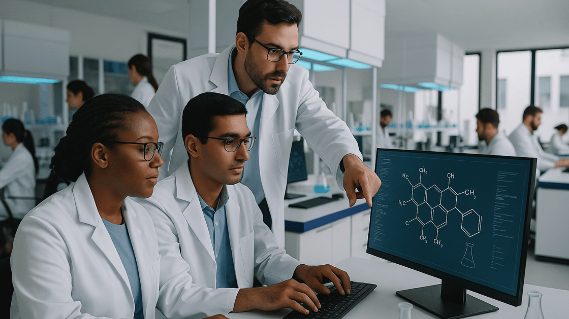 Scientists in lab coats analyze molecular structure on computer, collaborating in a modern laboratory environment.