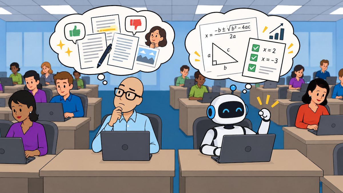 An engineer thinks of nonverifiable tasks he might solve while a robot happily tackles verifiable ones with math symbols