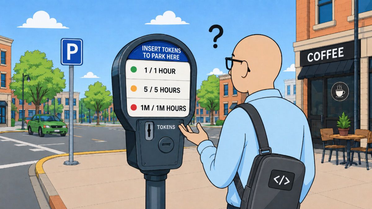 An engineer looks at a parking meter that says "insert tokens to park here" 1/1 hour, 5/5hours, 1M/1M hours