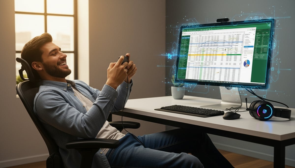  Engaged in multitasking, man blends gaming with finance; sleek home office highlights tech and data trends.