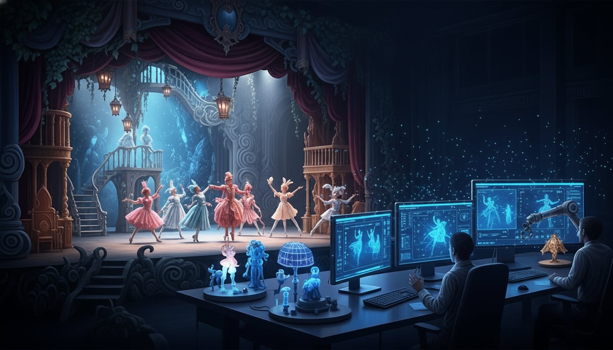 Technicians monitor holographic ballet dancers on stage via futuristic screens and robotic controls in a theater setting.