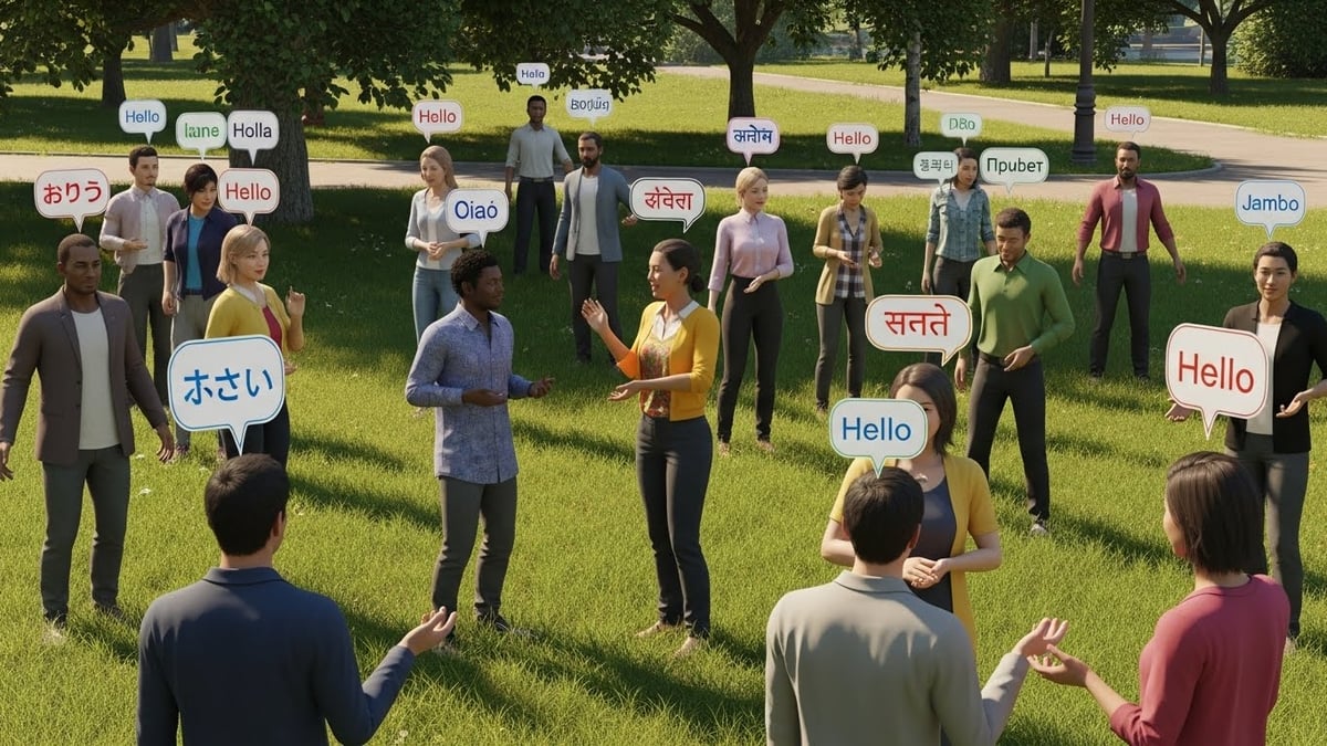Diverse group in park exchanging greetings in various languages, showcasing multicultural communication.