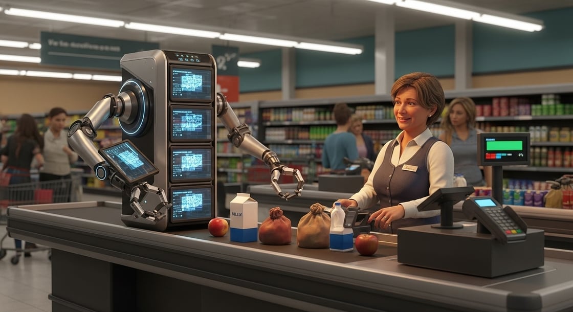 Robot cashier with human assistant at supermarket checkout counter handling groceries.