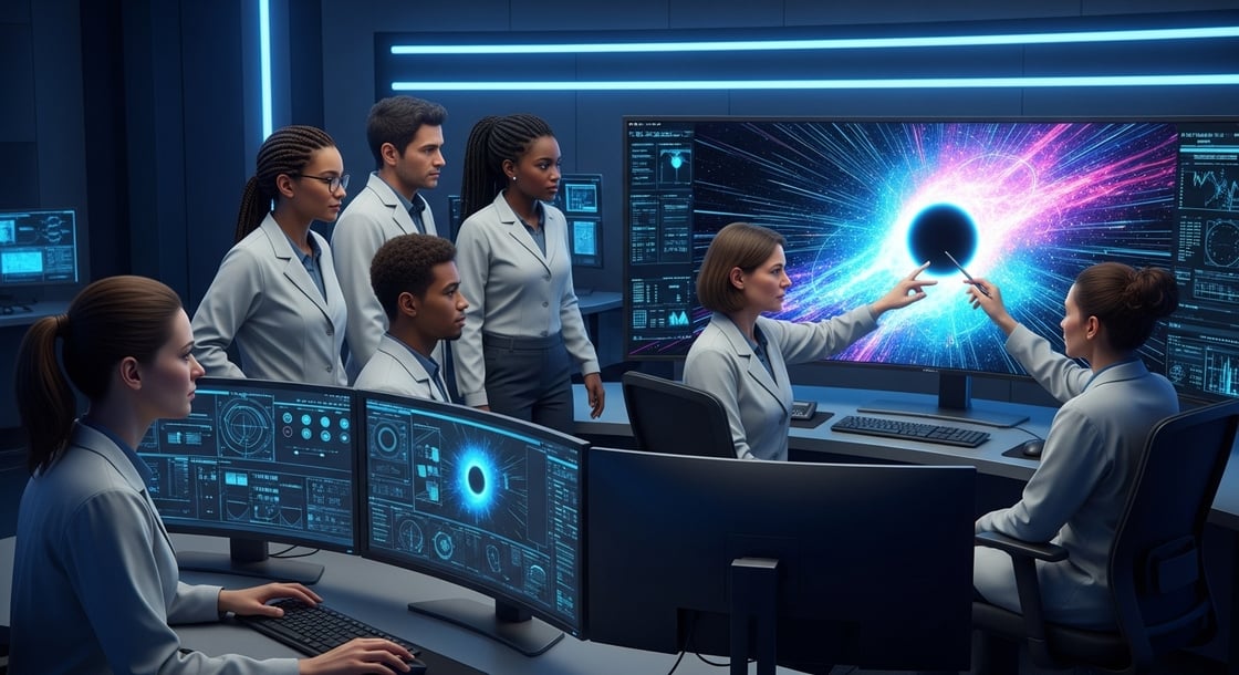 Scientists in lab coats analyzing black hole simulation on high-tech monitors in a futuristic control room.