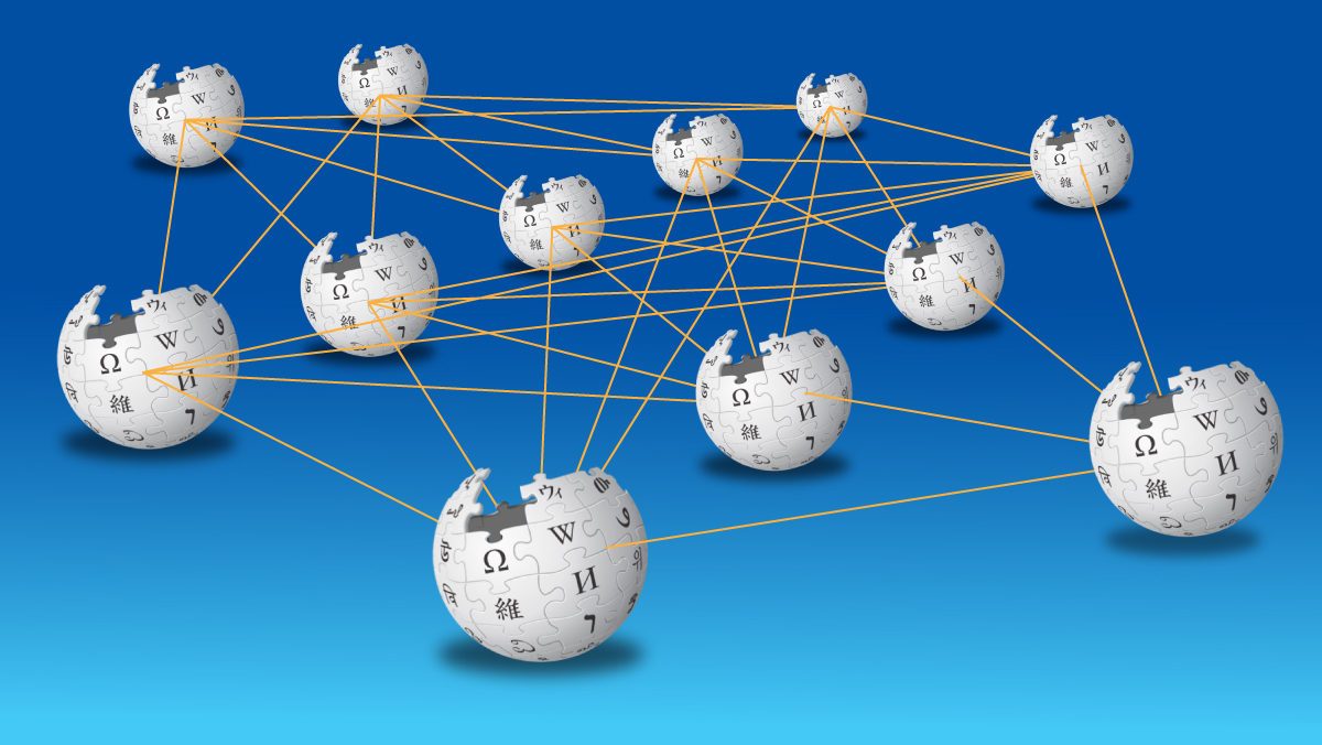 Lines connect multiple Wikipedia globe logos, symbolizing data exchange and partnerships.