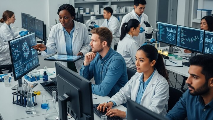 Scientists in lab coats work at computers analyzing molecular data in a modern laboratory with diverse team.