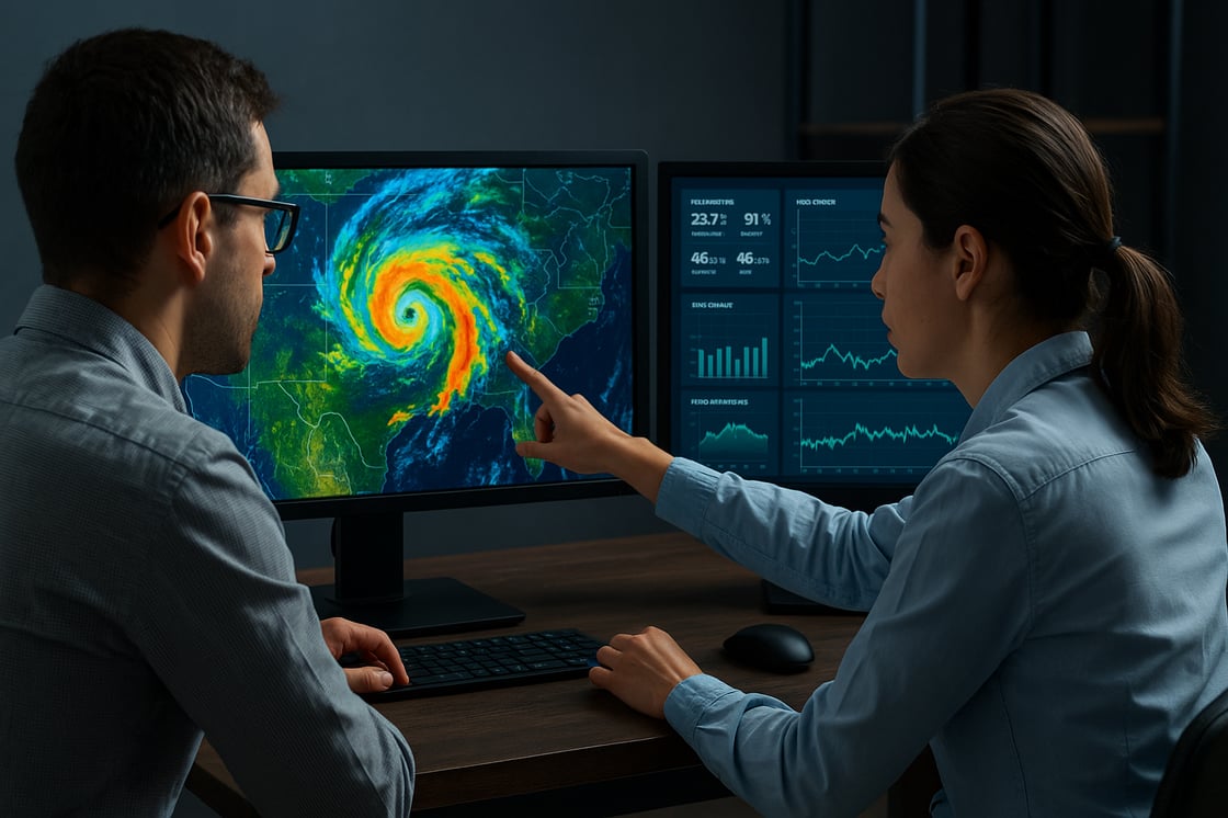 Meteorologists analyze hurricane data on computer screens, focusing on storm patterns and forecasts in a modern office.